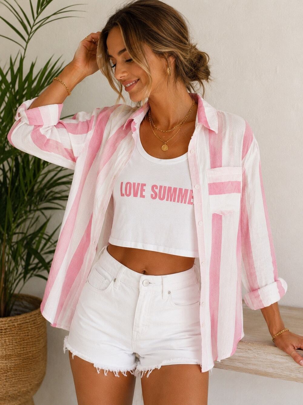 Pink White Striped Matching Set Button Down & LOVE SUMMER Crop Top Size S